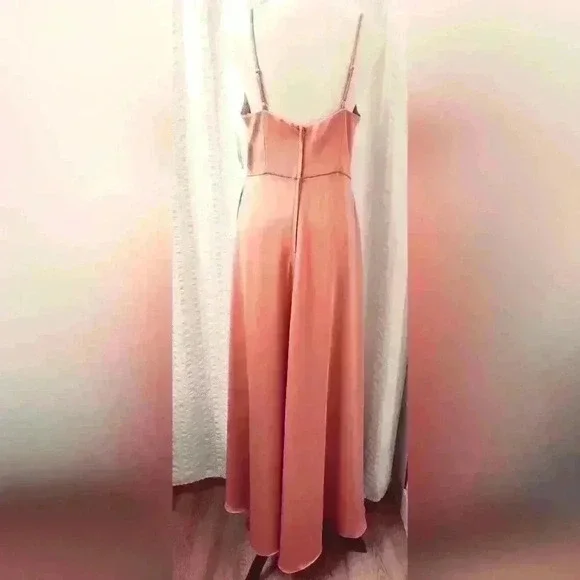 David's Bridal Long Satin Spaghetti Strap Dress Coral Peach Size 10(D5.22.10) - Picture 7 of 8